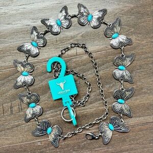 American Bison Silvertone chain belt, butterflies w/faux turquoise stones,Trendy